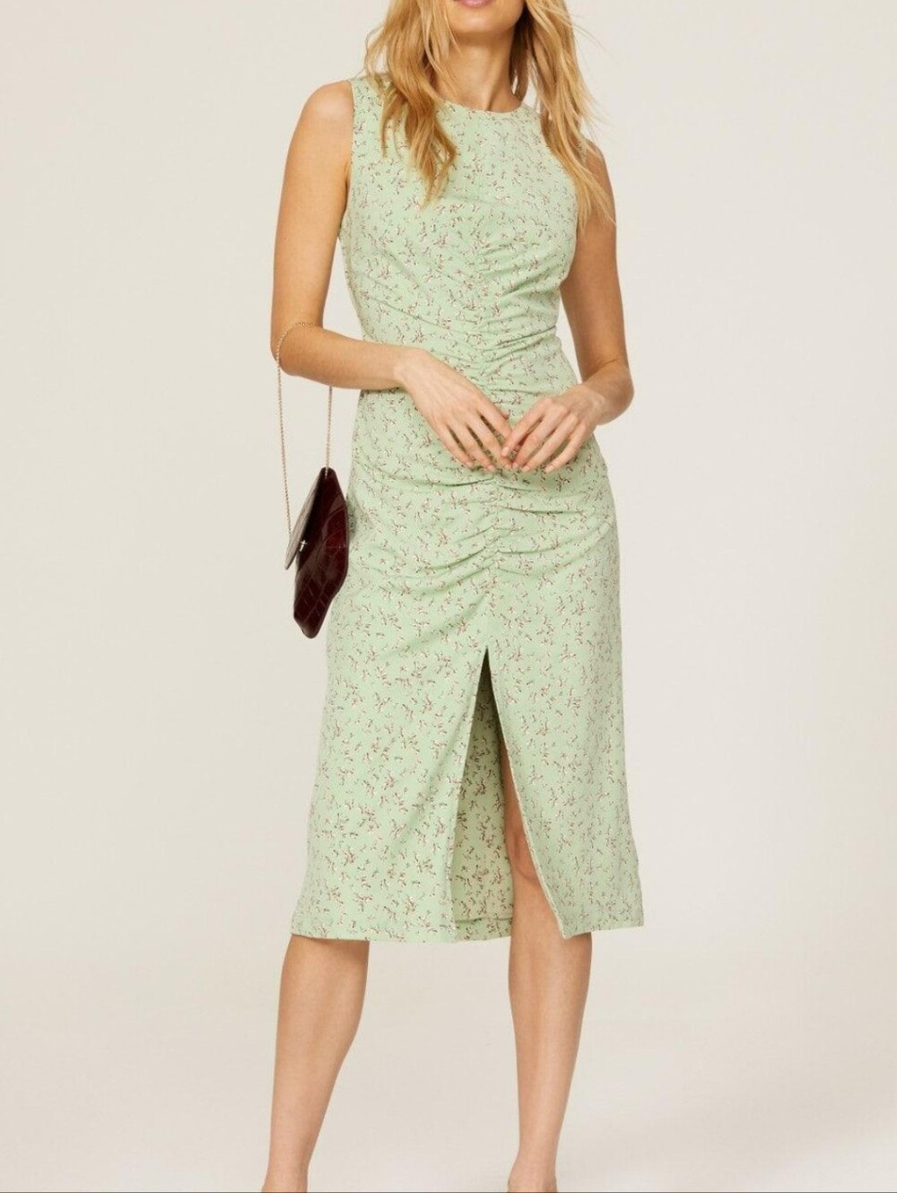 Love, Whit by Whitney Port Floral Ruched Open Back Midi Dress L